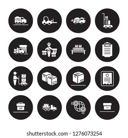 16 vector icon set : Free delivery, Global distribution, Freight, Zip code, Bill, Delivery box, Delivery, Cargo, Conveyor isolated on black background