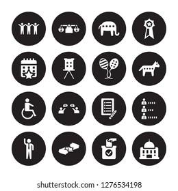 16 vector icon set : Freedom, Ballot, Bribe, Candidate for elections, Candidates ranking graphic, American government building, Election event on a calendar with star isolated black background