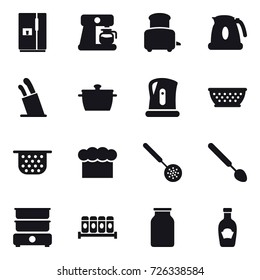 16 vector icon set : fridge, coffee maker, toaster, kettle, stands for knives, pan, kolander, colander, chef  hat, skimmer, big spoon