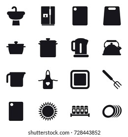 16 vector icon set : fridge, cutting board, pan, kettle, measuring cup, apron, big fork