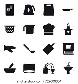 16 vector icon set : fridge, kettle, cutting board, pan, colander, measuring cup, cook hat, apron, cook glove, ladle, mortar, sponge, dish cleanser, water tap sink