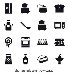 16 vector icon set : fridge, toaster, steam pan, chef  hat, apron, ladle, sponge with foam, water tap sink