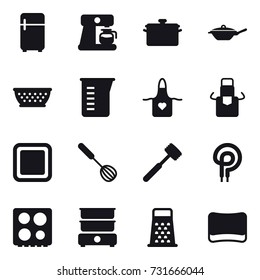 16 vector icon set : fridge, coffee maker, pan, kolander, measuring cup, apron, cutting board, whisk, meat hammer, sponge