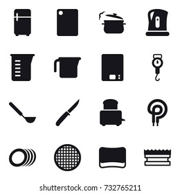 16 vector icon set : fridge, cutting board, steam pan, kettle, measuring cup, kitchen scales, handle scales, ladle, knife, sponge
