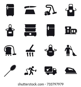 16 vector icon set : fridge, cutting board, vacuum cleaner, apron, brooming, duster, home call cleaning, iron