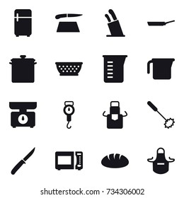 16 vector icon set : fridge, cutting board, stands for knives, pan, kolander, measuring cup, kitchen scales, handle scales, apron, whisk, knife, bread