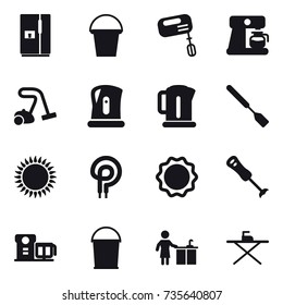 16 vector icon set : fridge, bucket, mixer, coffee maker, vacuum cleaner, kettle, spatula, kitchen cleaning, iron board