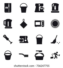 16 vector icon set : fridge, bucket, coffee maker, kettle, rag, broom, brush, washing powder, vacuum cleaner