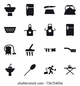 16 vector icon set : fridge, cutting board, kettle, kolander, apron, vacuum cleaner, drying clothe, brush, water tap sink, duster, iron board