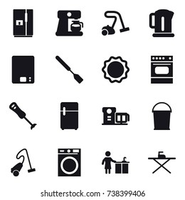 16 vector icon set : fridge, coffee maker, vacuum cleaner, kettle, kitchen scales, spatula, bucket, washing machine, kitchen cleaning, iron board