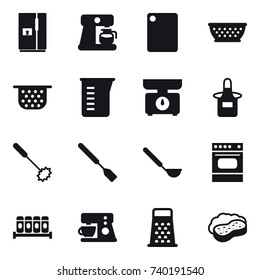 16 vector icon set : fridge, coffee maker, cutting board, kolander, colander, measuring cup, kitchen scales, apron, whisk, spatula, ladle, sponge with foam