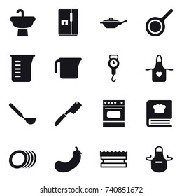 16 vector icon set : fridge, pan, measuring cup, handle scales, apron, ladle, chef knife, eggplant, sponge