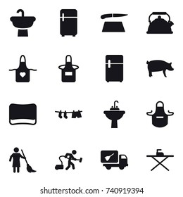 16 vector icon set : fridge, cutting board, kettle, apron, pig, sponge, drying clothe, water tap sink, brooming, vacuum cleaner, home call cleaning, iron board