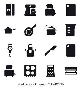 16 vector icon set : fridge, coffee maker, toaster, cutting board, saute pan, pan, steam pan, measuring cup, handle scales, apron, chef knife, sponge