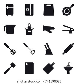 16 vector icon set : fridge, cutting board, pan, measuring cup, apron, cook glove, garlic clasp, whisk, knife holder, rolling pin, meat hammer, water tap sink
