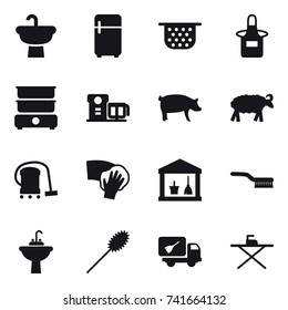 16 vector icon set : fridge, colander, apron, pig, sheep, vacuum cleaner, wiping, utility room, brush, water tap sink, duster, home call cleaning, iron board