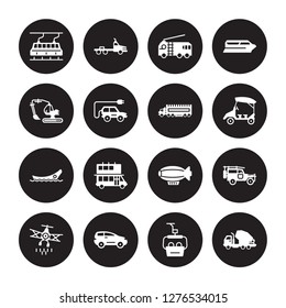 16 vector icon set : funicular railway, chairlift, compact car, crop duster, Cruiser, Cement truck, Excavators, dugout canoe, eighteen-wheeler isolated on black background