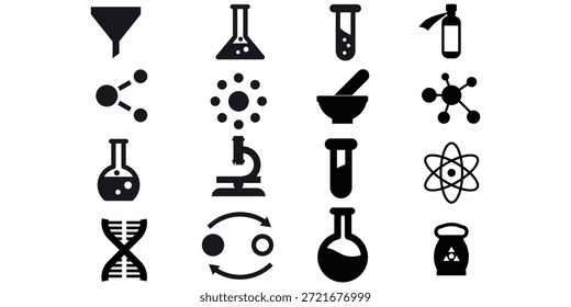 16 conjunto de iconos de Vector: embudo, molécula, frasco redondo, ADN, frasco, redondo, microscopio, enlace cuántico, vial, fertilizante