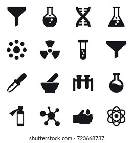 16 vector icon set : funnel, round flask, dna, flask, round around, nuclear, vial, funnel