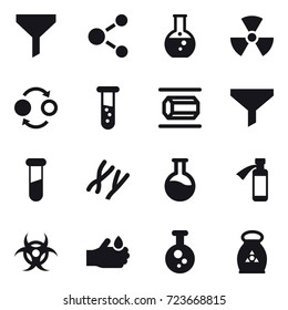 16 vector icon set : funnel, molecule, round flask, nuclear, quantum bond, vial, nano tube, funnel, fertilizer