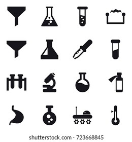 16 vector icon set : funnel, flask, vial, electrostatic, funnel, thermometer