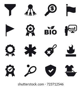 16 vector icon set : funnel, share, dollar magnifier, flag, flag, medal, bio, presentation, medal, tennis, handle washing