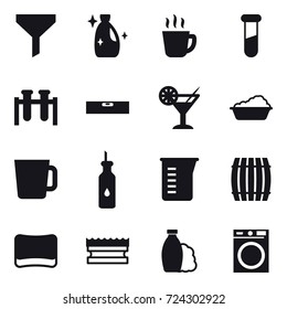 16 vector icon set : funnel, cleanser, hot drink, level, cocktail, washing, cup, measuring cup, barrel, sponge, shampoo, washing machine