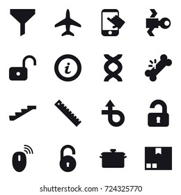 16 vector icon set : funnel, plane, touch, satellite, unlock, info, stairs, ruler, unlocked, pan, package