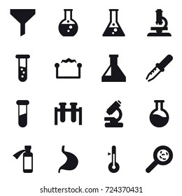 16 vector icon set : funnel, round flask, flask, microscope, vial, electrostatic, thermometer, viruses