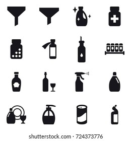 16 vector icon set : funnel, cleanser, wine, sprayer, dish cleanser, liquid soap, cleanser powder, toilet cleanser