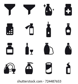 16 vector icon set : funnel, cleanser, pills bottle, wine, shampoo, dish cleanser, liquid soap, cleanser powder, toilet cleanser