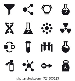 16 vector icon set : funnel, molecule, hex molecule, round flask, dna, flask, round around, nuclear, quantum bond, fertilizer
