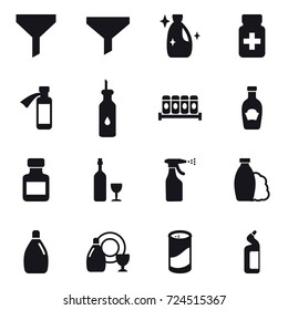 16 vector icon set : funnel, cleanser, pills bottle, wine, sprayer, shampoo, dish cleanser, cleanser powder, toilet cleanser