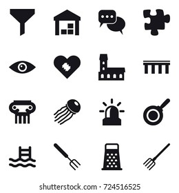 16 vector icon set : funnel, warehouse, discussion, puzzle, mansion, bridge, antique column, jellyfish, alarm, pan, pool, big fork, fork