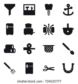 16 vector icon set : funnel, tools, fridge, toaster, colander, big spoon, big fork, scissors, horseshoe