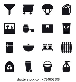 16 vector icon set : funnel, delivery, parachute, shopping bag, tools, uv cream, fridge, cauldron, barrel, garbage bag, trash bin, bucket, liquid soap