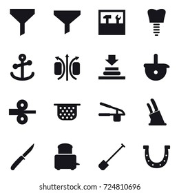 16 vector icon set : funnel, tools, colander, garlic clasp, knife holder, knife, shovel, horseshoe