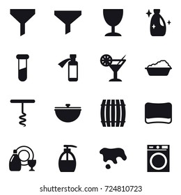 16 vector icon set : funnel, wineglass, cleanser, cocktail, washing, corkscrew, cauldron, barrel, sponge, dish cleanser, liquid soap, spot, washing machine
