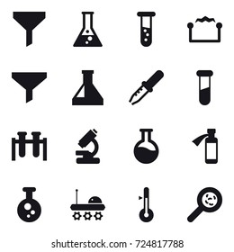 16 vector icon set : funnel, flask, vial, electrostatic, thermometer, viruses