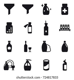 16 vector icon set : funnel, cleanser, wine, shampoo, dish cleanser, liquid soap, cleanser powder, toilet cleanser