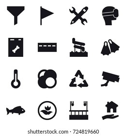 16 vector icon set : funnel, flag, pencil wrench, virtual mask, bunker, aquapark, flippers, thermometer, fish, ecology, skyscapers cleaning, housing