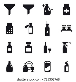 16 vector icon set : funnel, cleanser, pills bottle, wine, sprayer, dish cleanser, cleanser powder, toilet cleanser