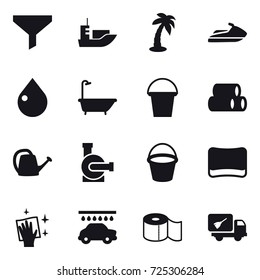 16 vector icon set : funnel, palm, jet ski, drop, bath, bucket, watering can, water pump, sponge, wiping, car wash, toilet paper, home call cleaning