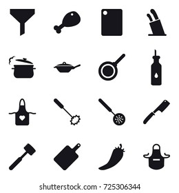 16 vector icon set : funnel, chicken leg, cutting board, stands for knives, steam pan, pan, apron, whisk, skimmer, chef knife, meat hammer, hot pepper