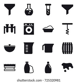 16 vector icon set : funnel, round flask, vial, washing machine, washing, corkscrew, cauldron, measuring cup, barrel, sponge, shampoo, cleanser, spot