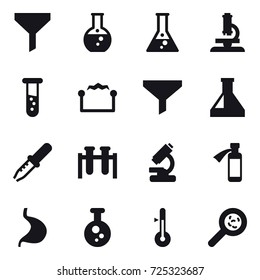 16 vector icon set : funnel, round flask, flask, microscope, vial, electrostatic, thermometer, viruses
