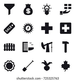 16 vector icon set : funnel, money bag, bulb, gift, sale, sun power, fence, hotel, shovel, beet, maple leaf
