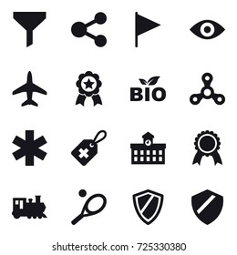 16 vector icon set : funnel, share, flag, eye, plane, medal, bio, spinner, university, train, tennis, shield