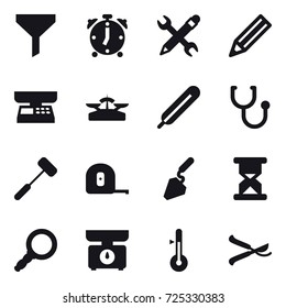 16 vector icon set : funnel, alarm clock, pencil wrench, pencil, market scales, scales, measuring tape, construction, kitchen scales, thermometer, pruner