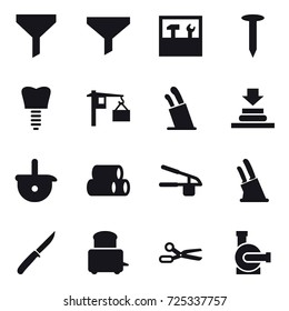 16 vector icon set : funnel, tools, nail, stands for knives, garlic clasp, knife holder, knife, scissors, water pump